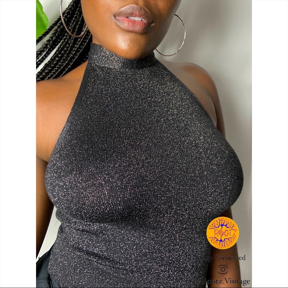 90’s Vintage Black Shimmer  Halter Crop Top